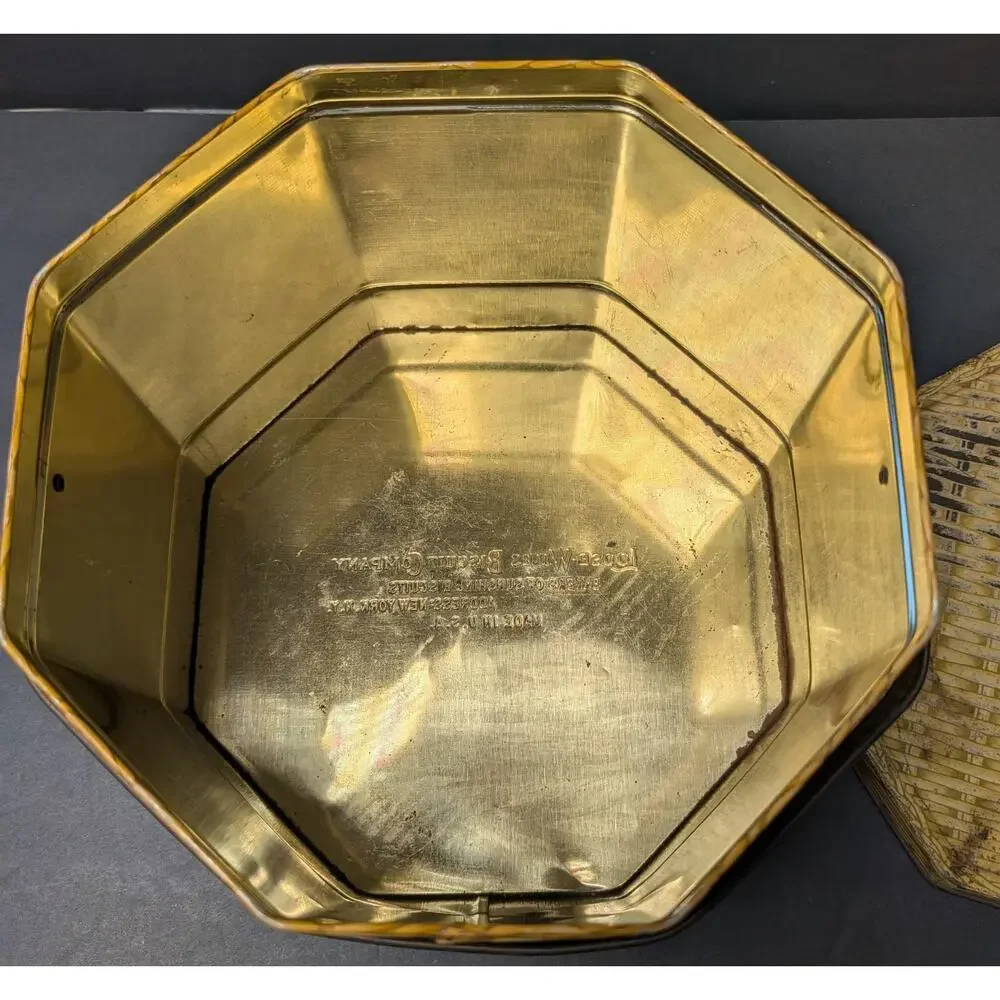 Vtg Yellow Basket Weave Tin LOOSE-WILES BISCUIT CO Cottage Rustic Country Granny